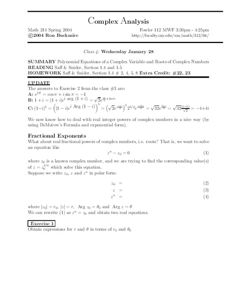 Complex Analysis:  Polynomial Equations Worksheet