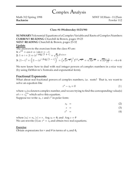 Complex Analysis:  Polynomial Equations Worksheet