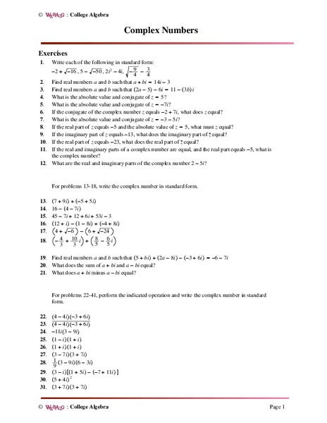 Complex Numbers Worksheet