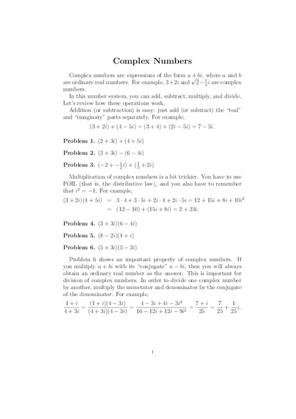 Complex Numbers Worksheet