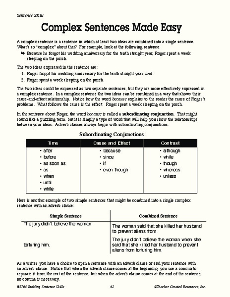 Complex Sentences Made Easy Worksheet