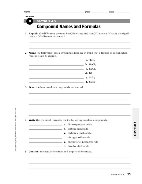 Compound Names and Formulas Worksheet