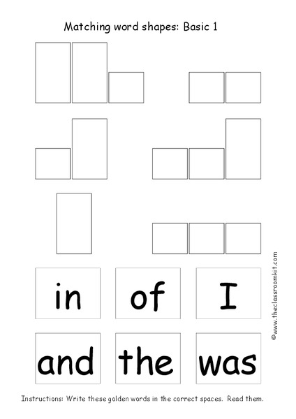 Matching Word Shapes: Basic 1 Worksheet
