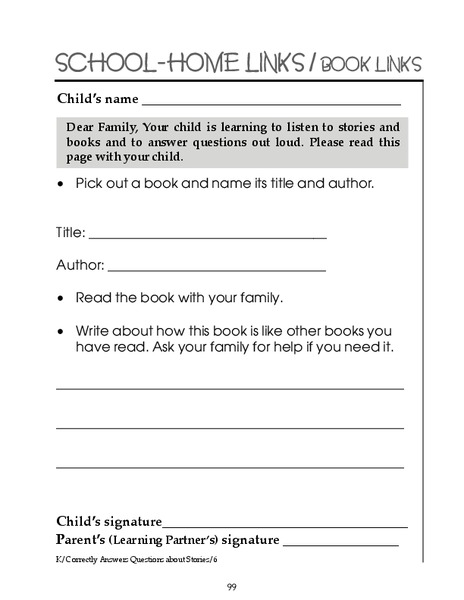 School-Home Links: Book Links Worksheet