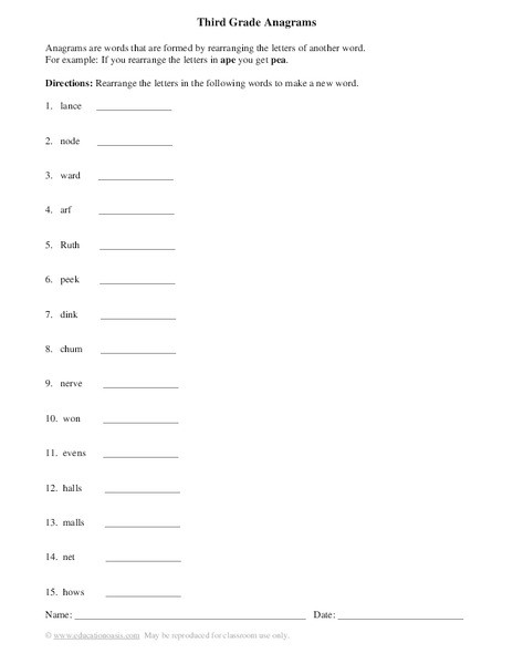 Third Grade Anagrams Worksheet