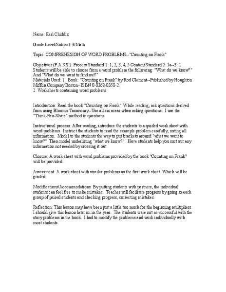 Comprehension of Word Problems Lesson Plan