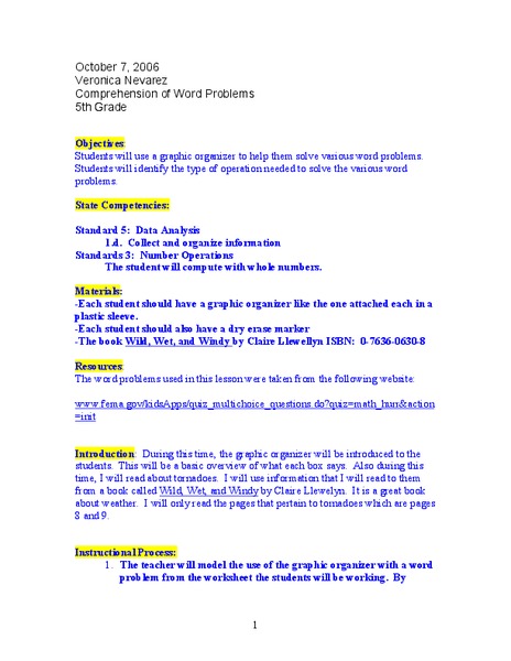 Comprehension of Word Problems Lesson Plan