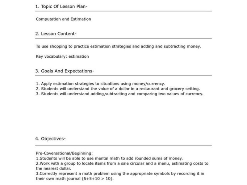 Computation and Estimation Lesson Plan