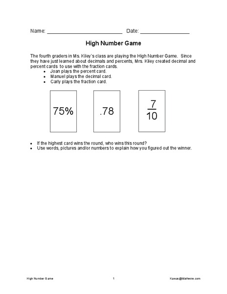 High Number Game Worksheet