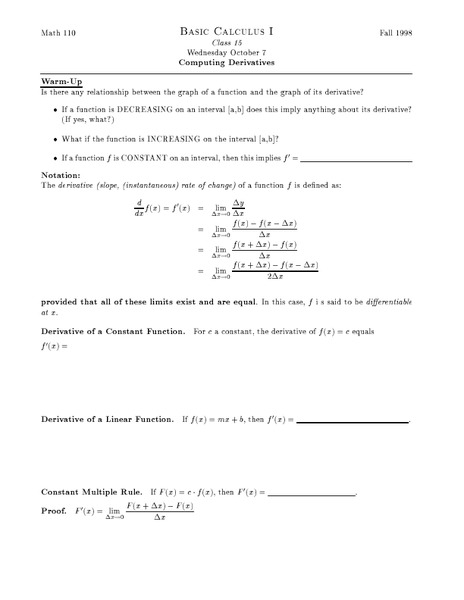 Computing Derivatives Worksheet