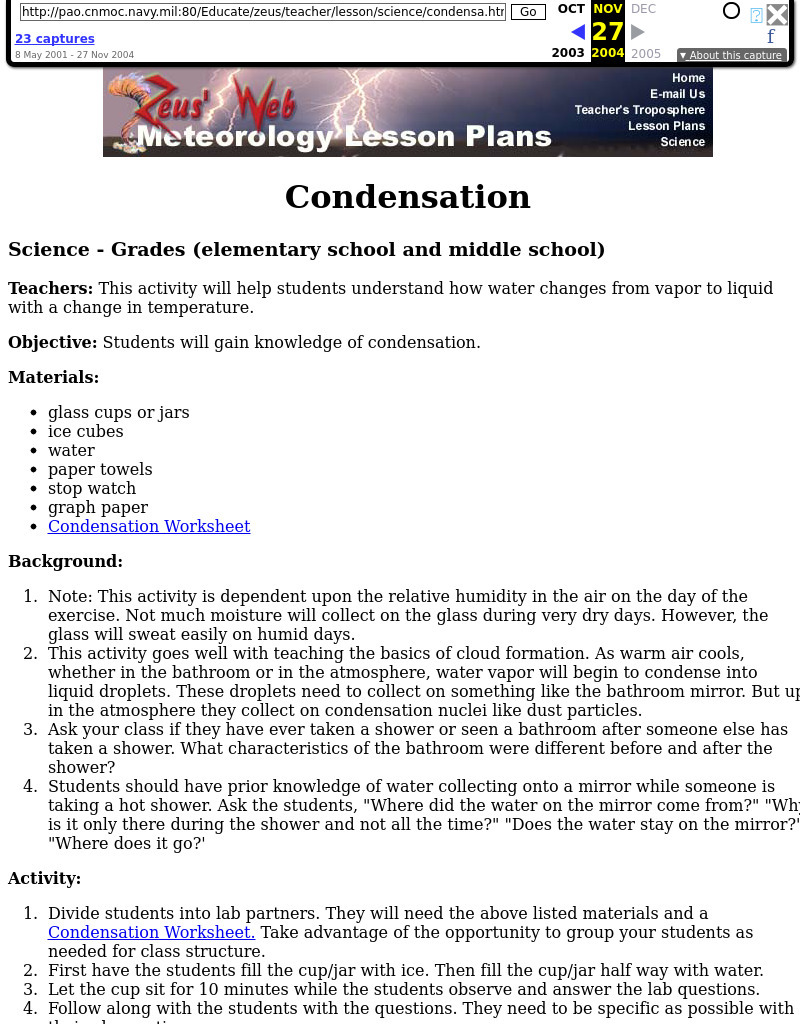 Condensation Lesson Plan
