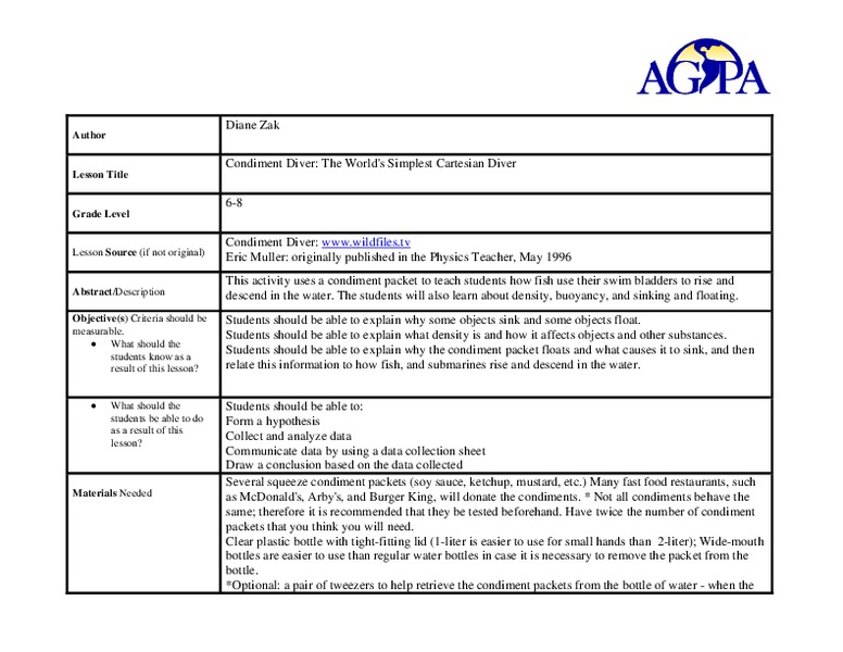 Condiment Diver: The World's Simplest Cartesian Diver Lesson Plan