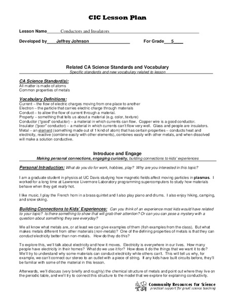 Conductors and Insulators Lesson Plan