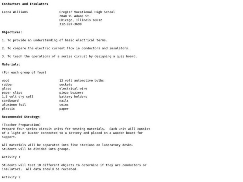 Conductors and Insulators Lesson Plan