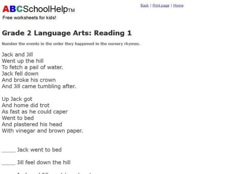 Grade 2 Language Arts: Reading 1 Worksheet