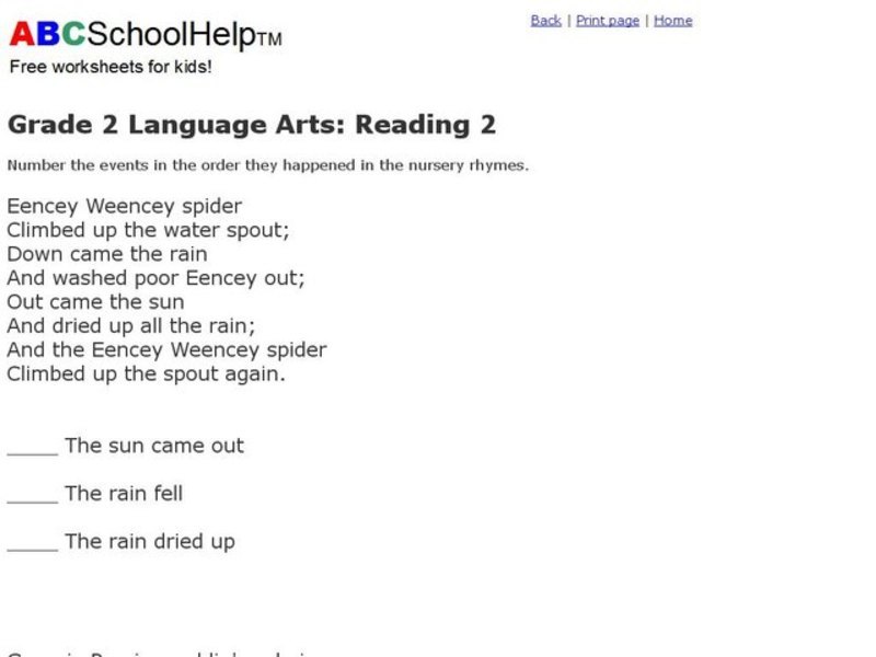 Grade 2 Language Arts: Reading 2 Worksheet