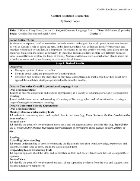 Conflict Resolution Lesson Plan Lesson Plan