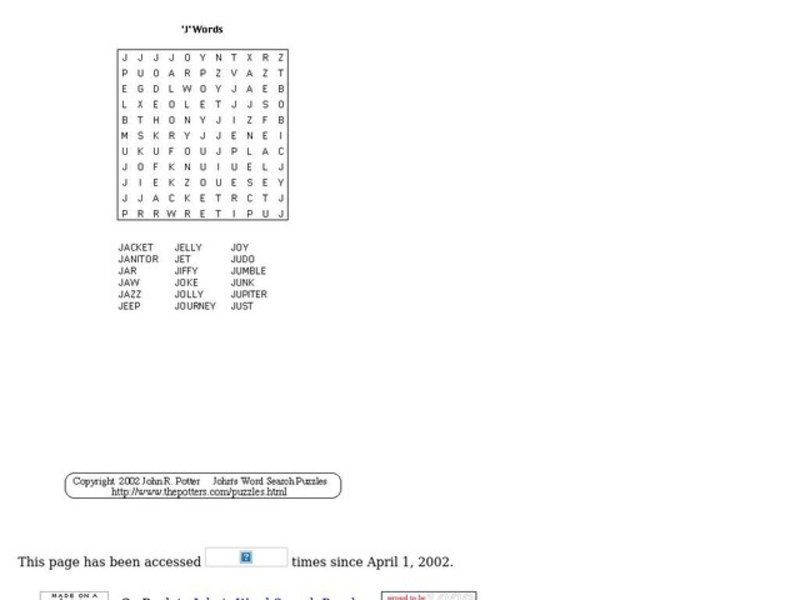 "J" Words Puzzle Worksheet