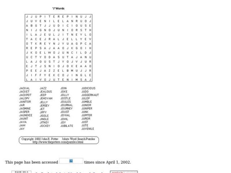 "J" Words Puzzle Worksheet