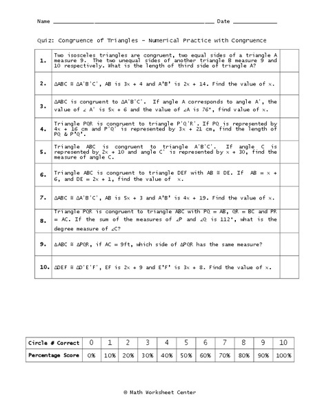 Congruence of Triangles Worksheet