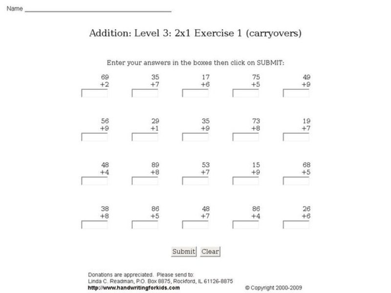Addition: Level 3: 2x1 Exercise 1 (carryovers) Interactive