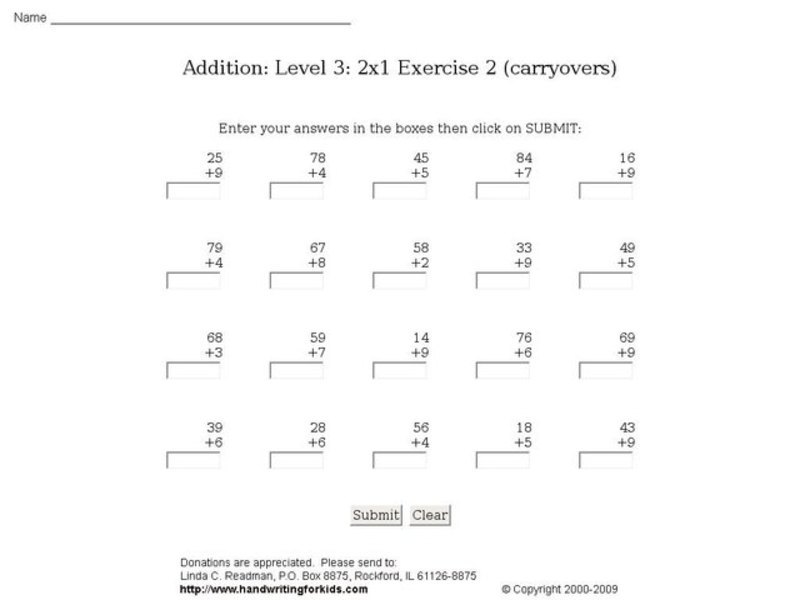 Addition: Level 3: 2x1 Exercise 2 Carryovers Interactive