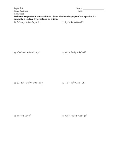 Conic Sections Worksheet