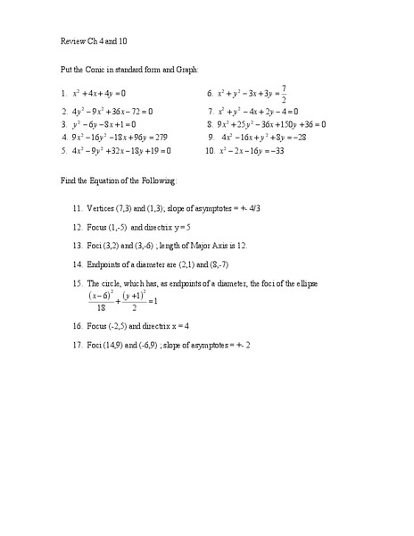 Conic Sections Worksheet