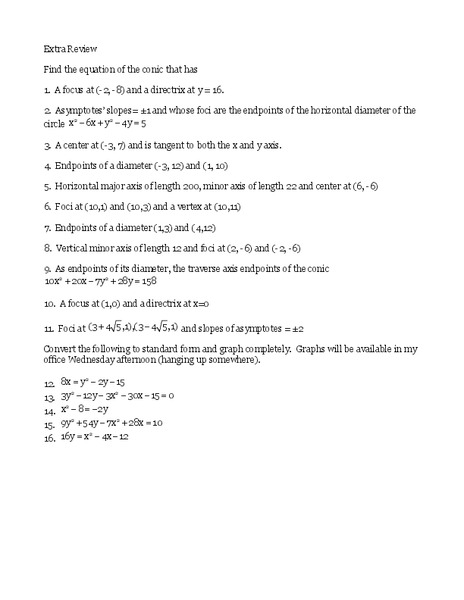 Conics Worksheet