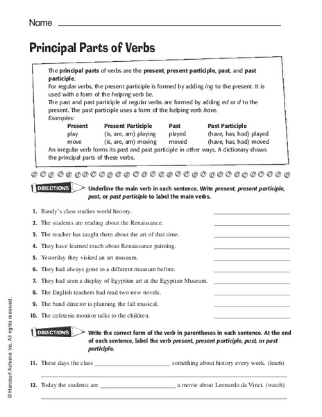 Principal Parts of Verbs Worksheet