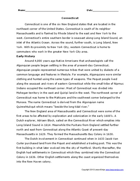 Connecticut Worksheet