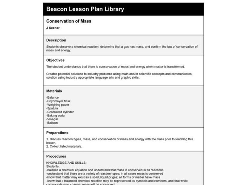 Conservation of Mass Lesson Plan