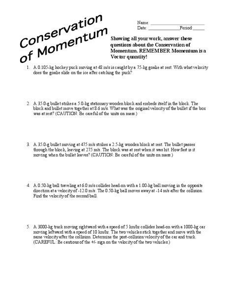 Conservation of Momentum Worksheet