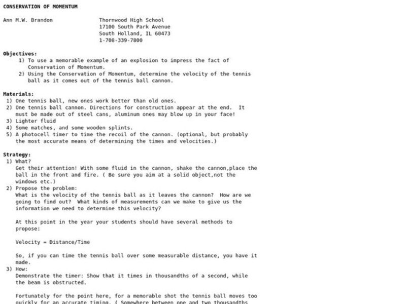 CONSERVATION OF MOMENTUM Lesson Plan