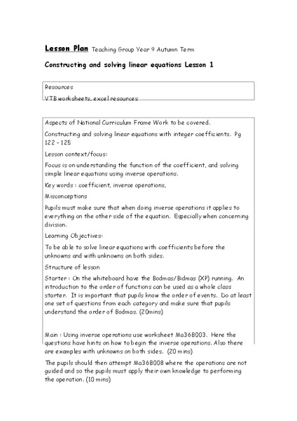 Constructing and Solving Linear Equations Lesson Plan