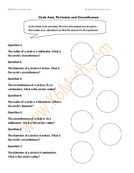    Circle Area, Perimeter and Circumference Worksheet