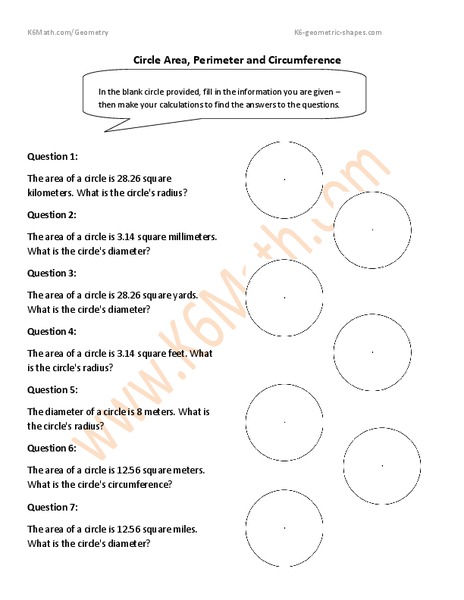    Circle Area, Perimeter and Circumference Worksheet