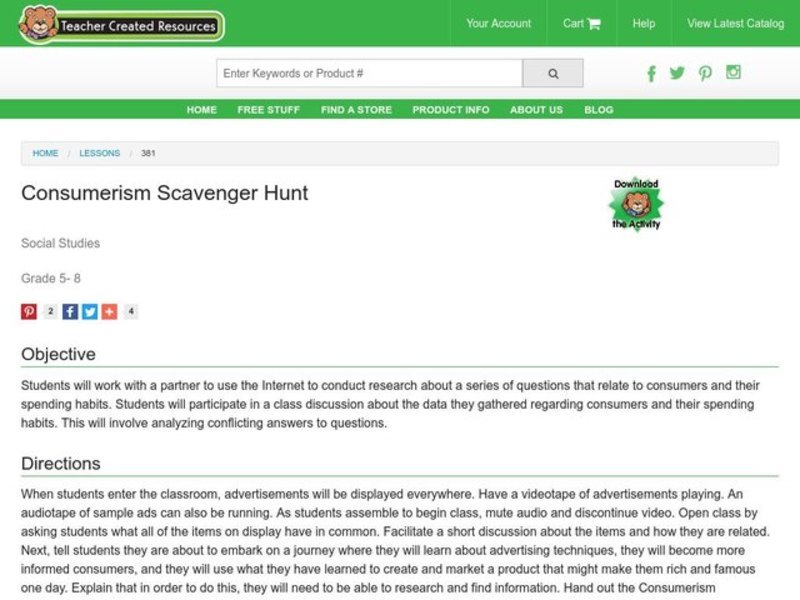 Consumerism Scavenger Hunt Lesson Plan