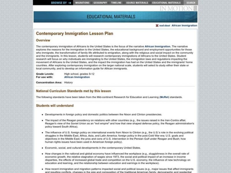 Contemporary Immigration Lesson Plan Lesson Plan
