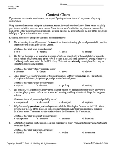 Context Clues Worksheet