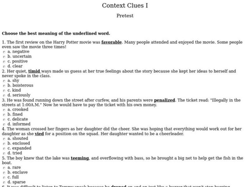 Context Clues Worksheet