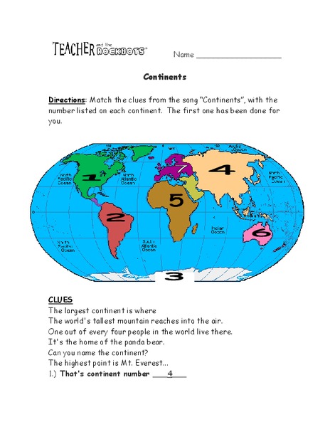 Continents Worksheet