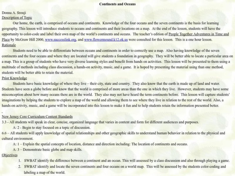 Continents and Oceans Lesson Plan