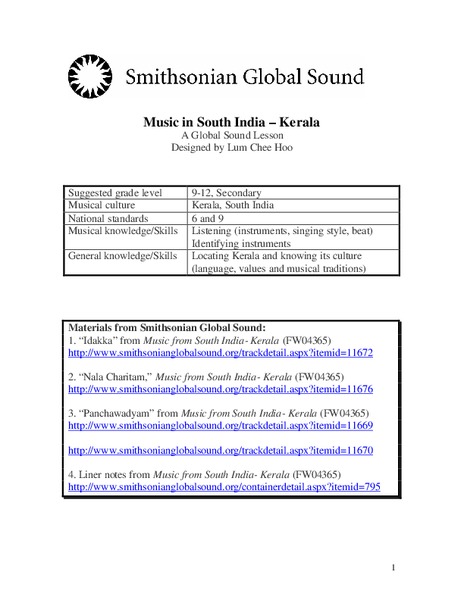 Music in South India-Kerala Lesson Plan