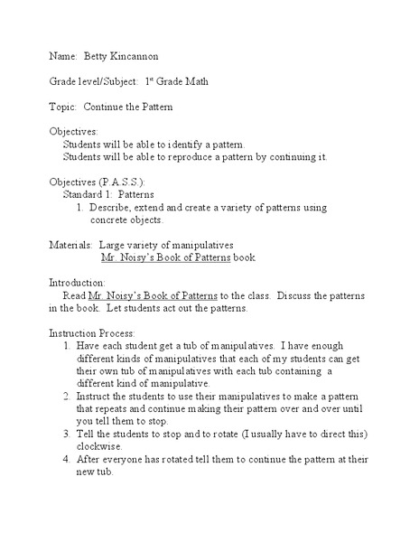 Continue the Pattern Lesson Plan