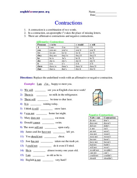 Contractions Worksheet