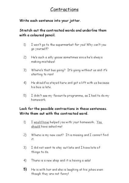 Contractions Worksheet
