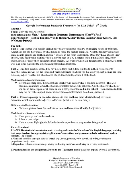 Conventions: Adjectives Lesson Plan