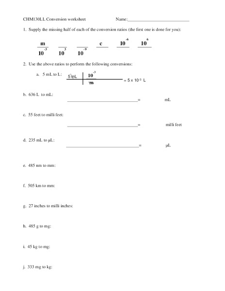 Conversion Worksheet Worksheet