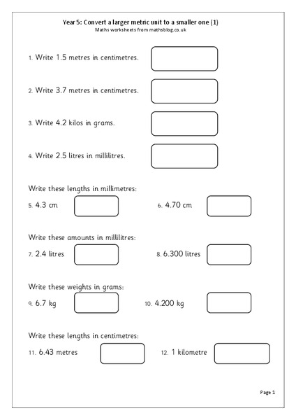 Convert a Larger Metric Unit to a Smaller One Worksheet